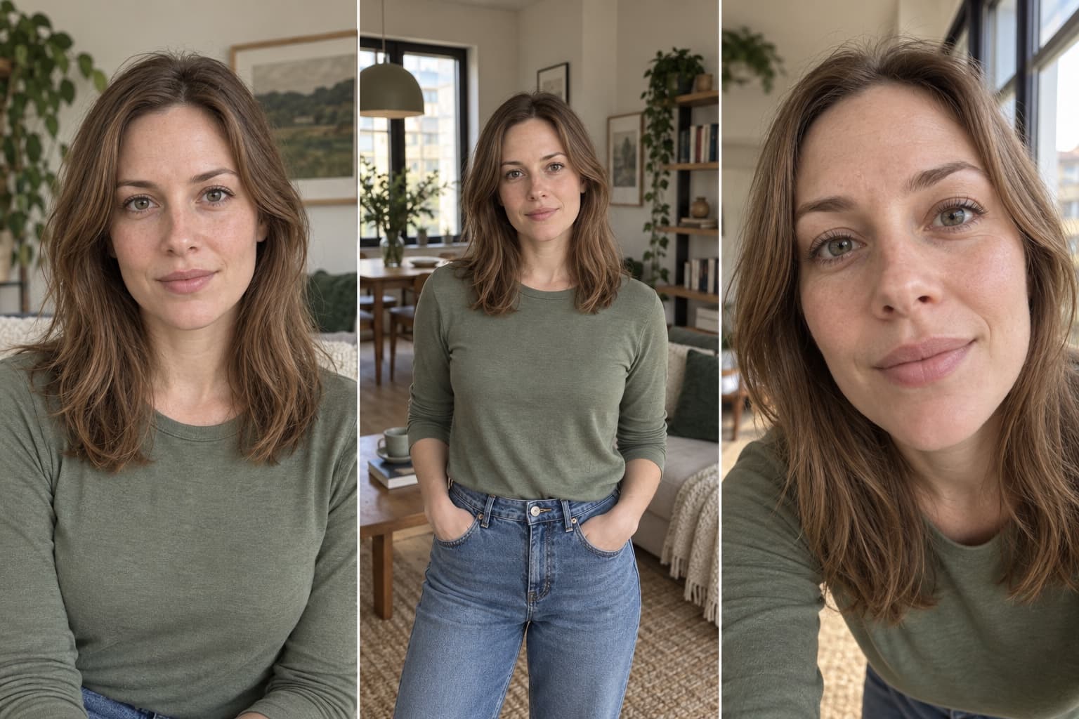 Same synthetic adult woman at a natural distance, farther away, and close to a wide-angle lens