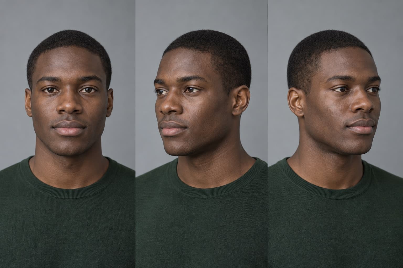 The same synthetic adult man shown from the front, left 45-degree, and right 45-degree controlled views